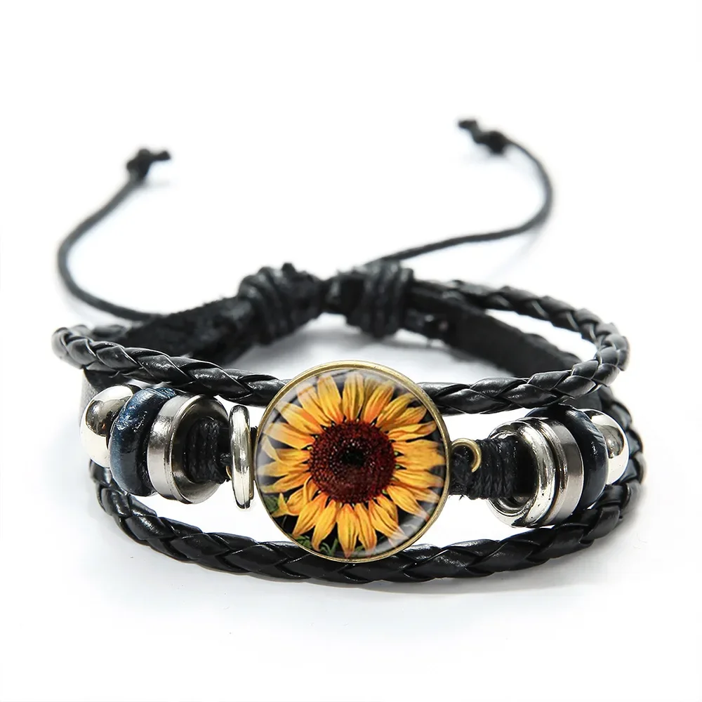 Fashion Jewelry Leather Bracelet Sunflower Glass Pendant Leather Bracelet Woven Handpiece A Great Gift