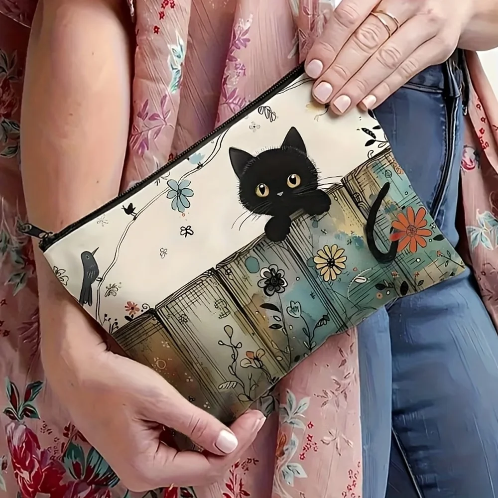 Fade-resistant durable toiletry bag printed with cute cats, zipper closure. Multi-use pouch: cosmetic bag, pencil case, snack ba