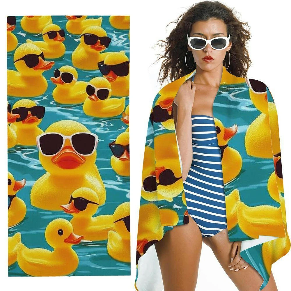 

Summer Beach Towel Microfiber Bath Towel 2D Flat Printed Cartoon Yellow Duck Pattern Sandproof Quick Dry Large Pool Towel