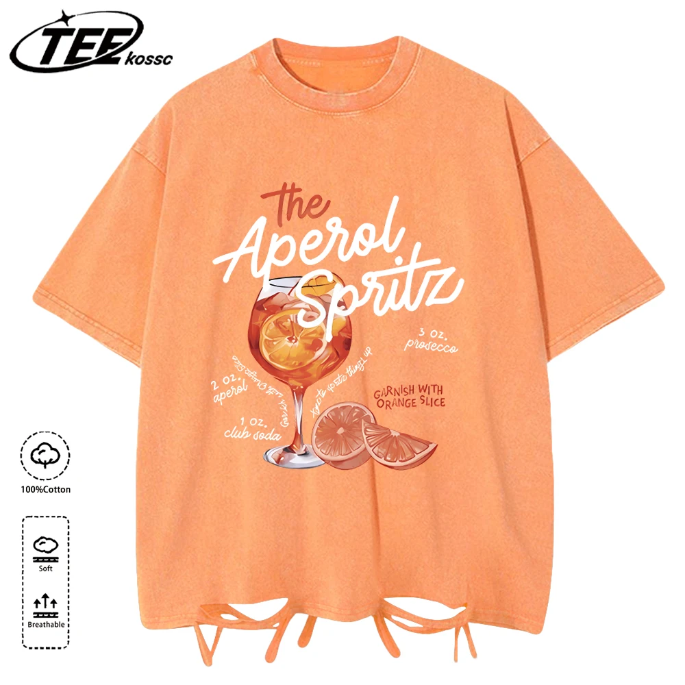 

Orange Slice Red Wine Goblet Print Retro Men T-Shirts Cotton Short Sleeve Trendy Washed Holes Top Sports Loose Unisex Clothes