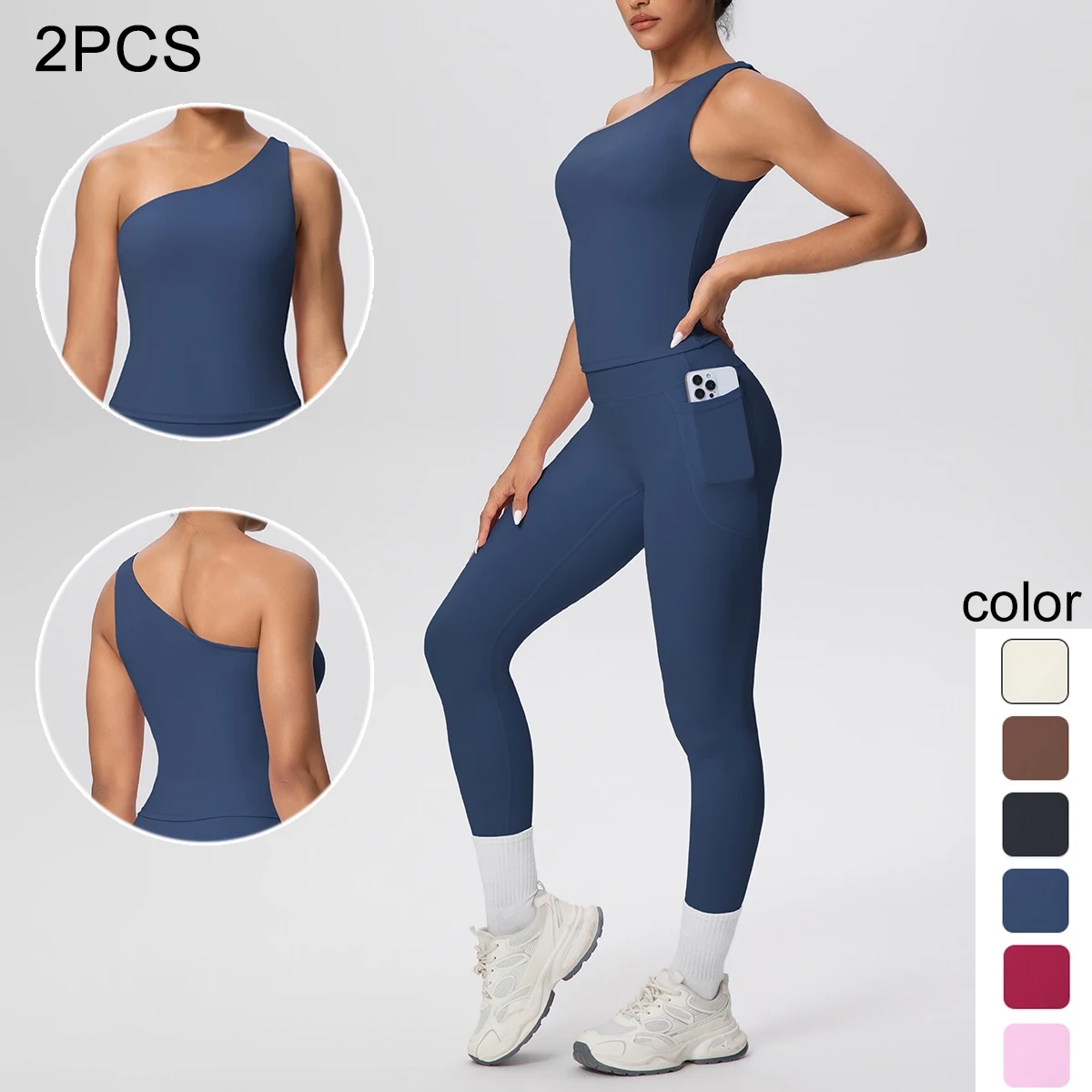 Atmungsaktives, einfarbiges Gym-Yoga-Set für Damen, Laufen, Radfahren, sexy, einzelner Schulter-BH, schnell trocknend, Taschen, Hosen, Yoga-Set