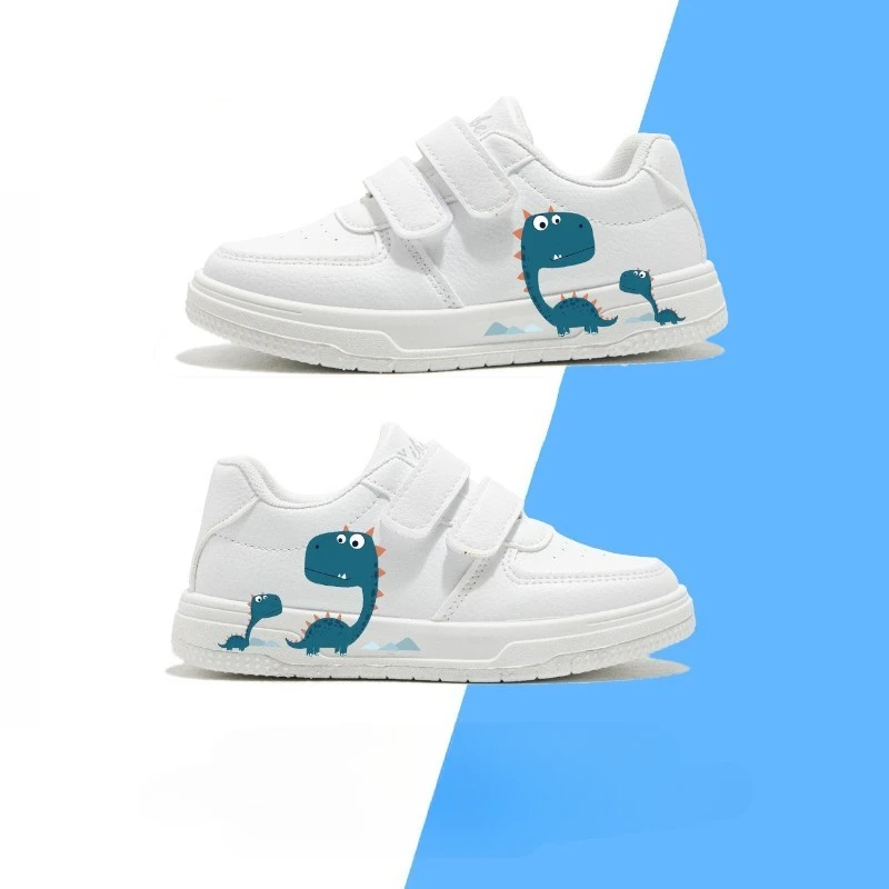 JGSHOWKITO Unisex Boys Girls School Sneakers White Cartoon Dinosaur Shoes Non-Slip Soft Sole Hook & Loop Casual Canvas Shoes New