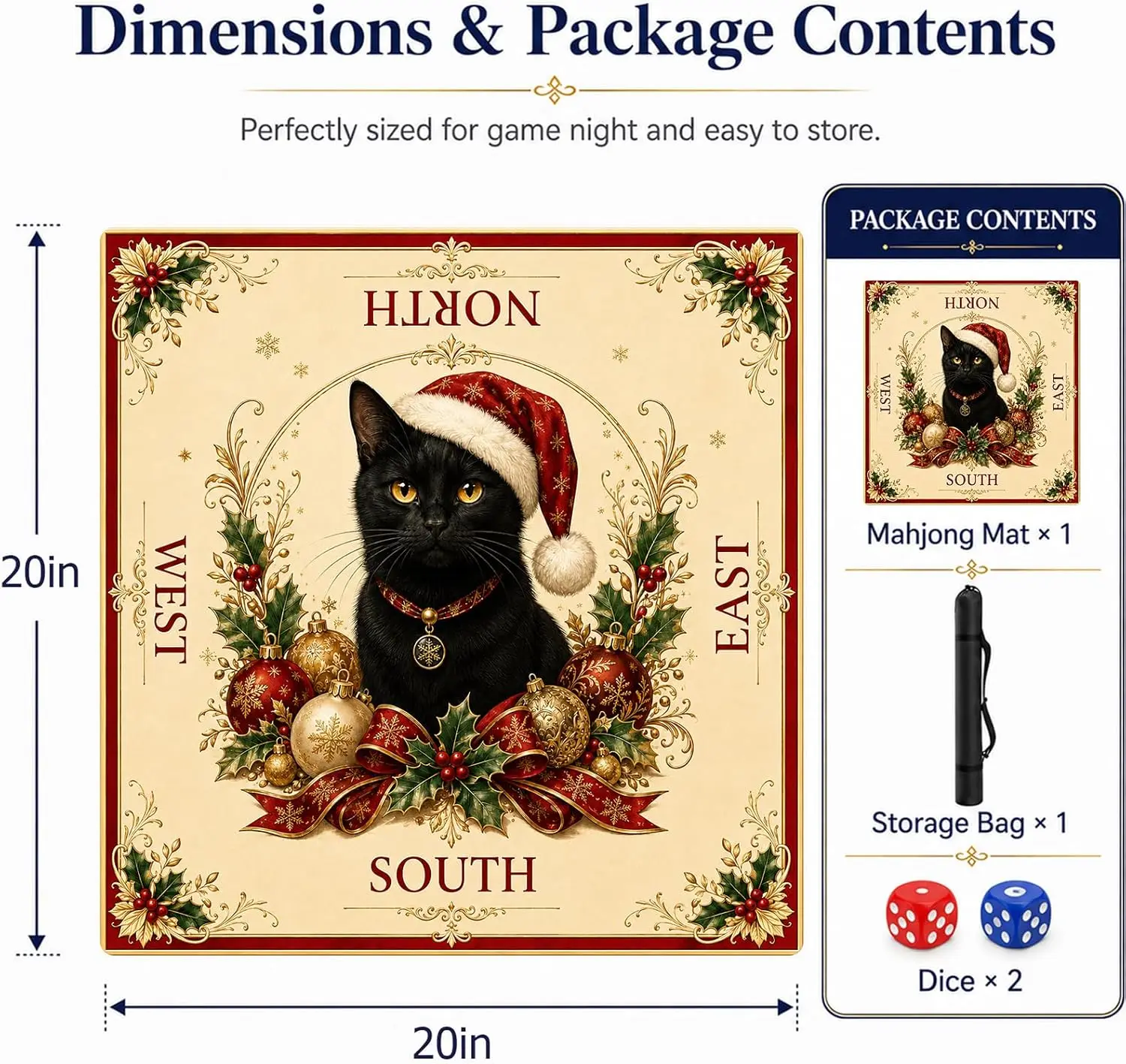 Christmas Cat Travel Mahjong Mat Lightweight Neoprene Non Slip Quiet Game Pad For Camping Small Spaces