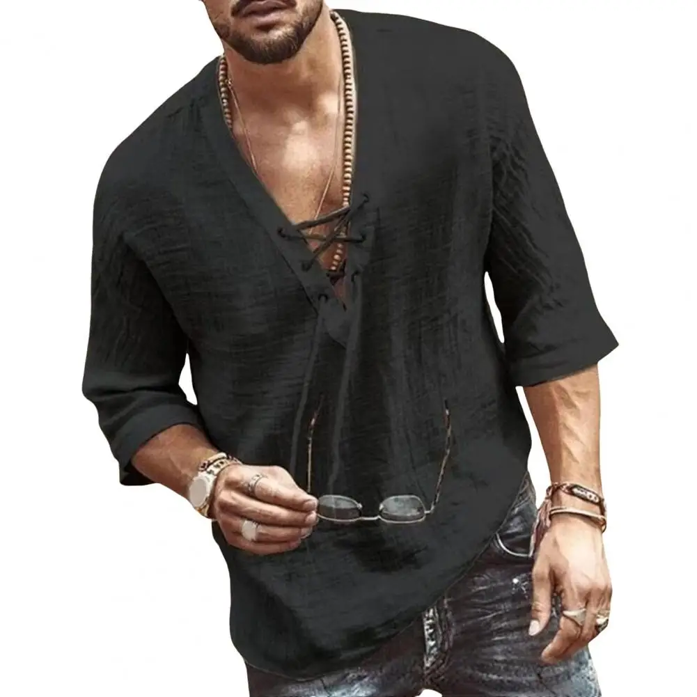 Solid Color Men Top Men V-neck Shirt Stylish Lace-up V Neck Men's Shirt for Summer Daily Wear Loose Fit Retro Pullover