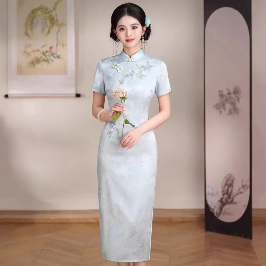 High Quality Summer Chinese Style Cheongsam Short Sleeve Embroidery Acetate Double Layer Long Qipao Chinese Wedding Dress SW-015
