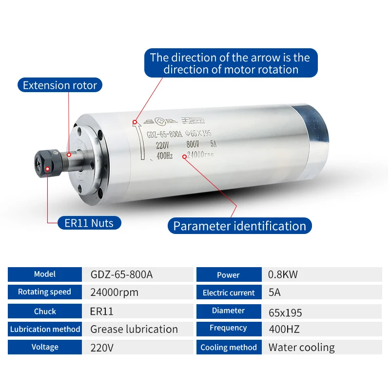 High Speed 0.8KW Water-cooled CNC Spindle Motor Diameter 65mm 800W 24000rpm 220V 400Hz ER11 CNC Engraving Machine Bearings