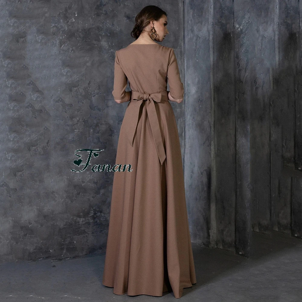 Customized Simple Brown Jersey O-neck Bridemaid Party Gowns With Bow Draped Retro A-line Floor Length Elegant Evening Dresses