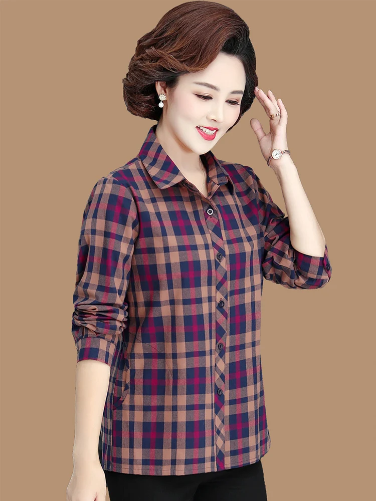

Women's Plaid Long Sleeve Cotton Shirt Autumn Base Layer Mom's Style Fashion Korean Loose Fit Button up Regular Length