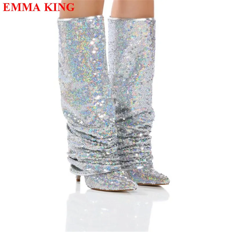 

2023 Winter Autumn Boots Women Silver Bling Sequin Cloth Boots Slip On Middle Calf High Heels Boots Fashion Party Shoes Woman