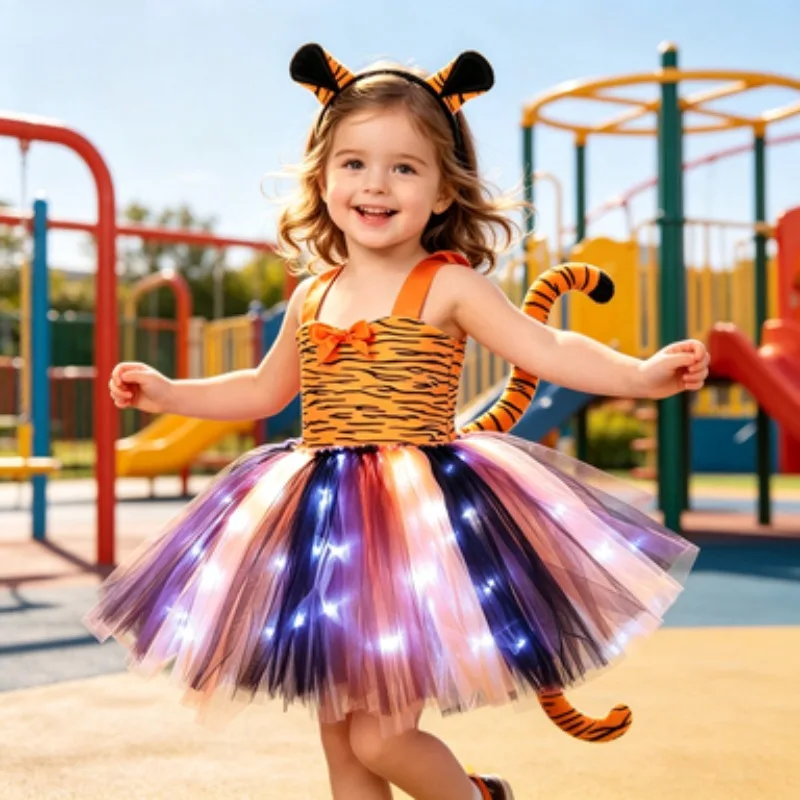 Sleeveless Multi-layer Tulle Princess Gown with Glowing LED Cartoon Tiger Design for Toddlers, Christmas Performance Tutu Dress