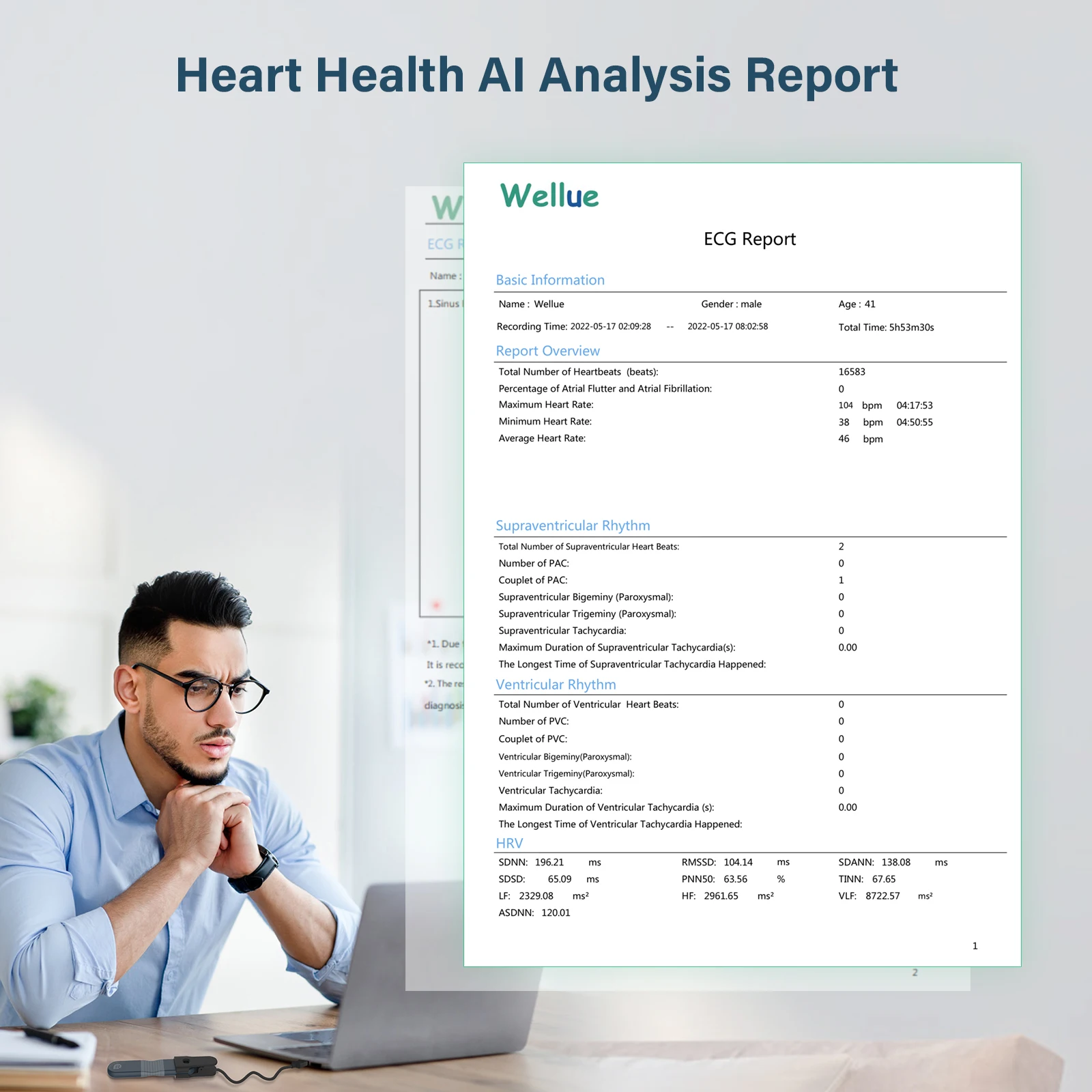 Wellue ER1 Heart Health Monitor Comfortable Wearing Chest Strap Or Electrodes 24-hour EKG/ECG Holter Monitoring At Home