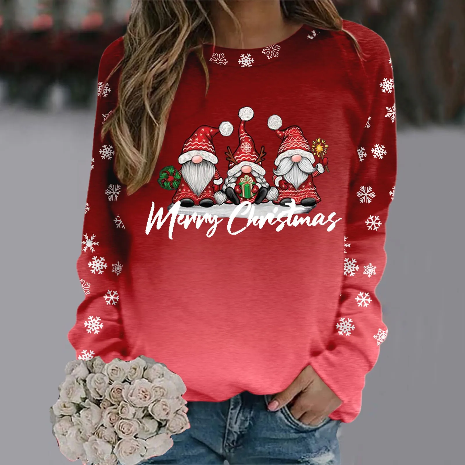 2024 Autumn Pullover Tops Christmas Snowflake Letter Print Gnome Graphic Casual Women\'s Clothes Long Sleece Crewnecek Sweatshirt