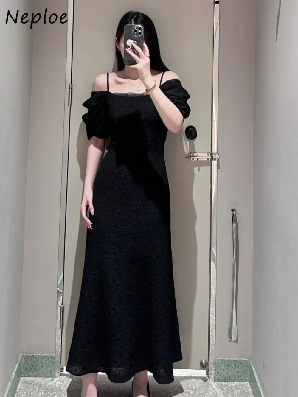 

Элегантное платье Neploe с воротником-лодочкой, рукавами-воланами и принтом, пуловер с открытыми плечами и высокой талией в стиле пэчворк, японское Новое приталенное женское платье