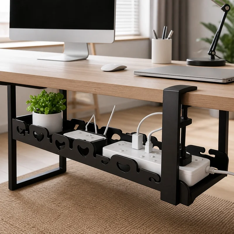 Under-Desk Metal Tray for Cable Storage and Organization, No-Drill Installation for Home and Office Use