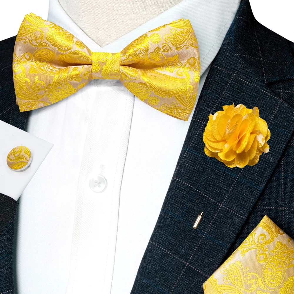 Champagner-Seiden-Jacquard-Paisley-Fliege für Herren, Brosche, Einstecktuch, Manschettenknöpfe-Set, vorgebundene Fliege mit Schmetterlingsknoten für Männer, Hochzeit, Geschäft – Detail 22