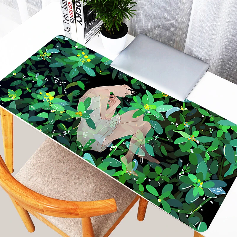 Green Plants Mouse Pad PC Kawaii White Flowers Keyboard Rug XXL Gaming Accessories Desk Mat Laptop