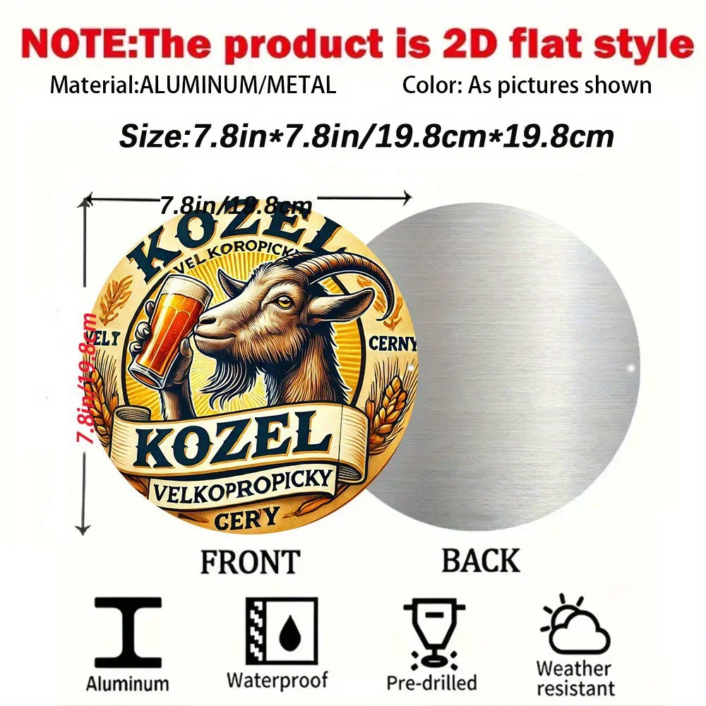 لوحة فنية جدارية معدنية مسطحة ثنائية الأبعاد من Kozel Czech Brewery Vintage Beer Logo - علامة ألومنيوم مستديرة مقاس 19.81 سم مع تصميم الماعز والبيرة، متينة #5
