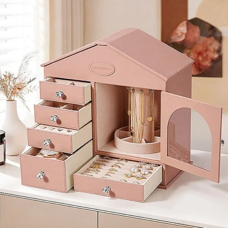 Rotatable Jewelry Box Waterproof Leather Jewelry Box Large Capacity Exquisite Necklace Organizer Case Cute Creative Ring Cases