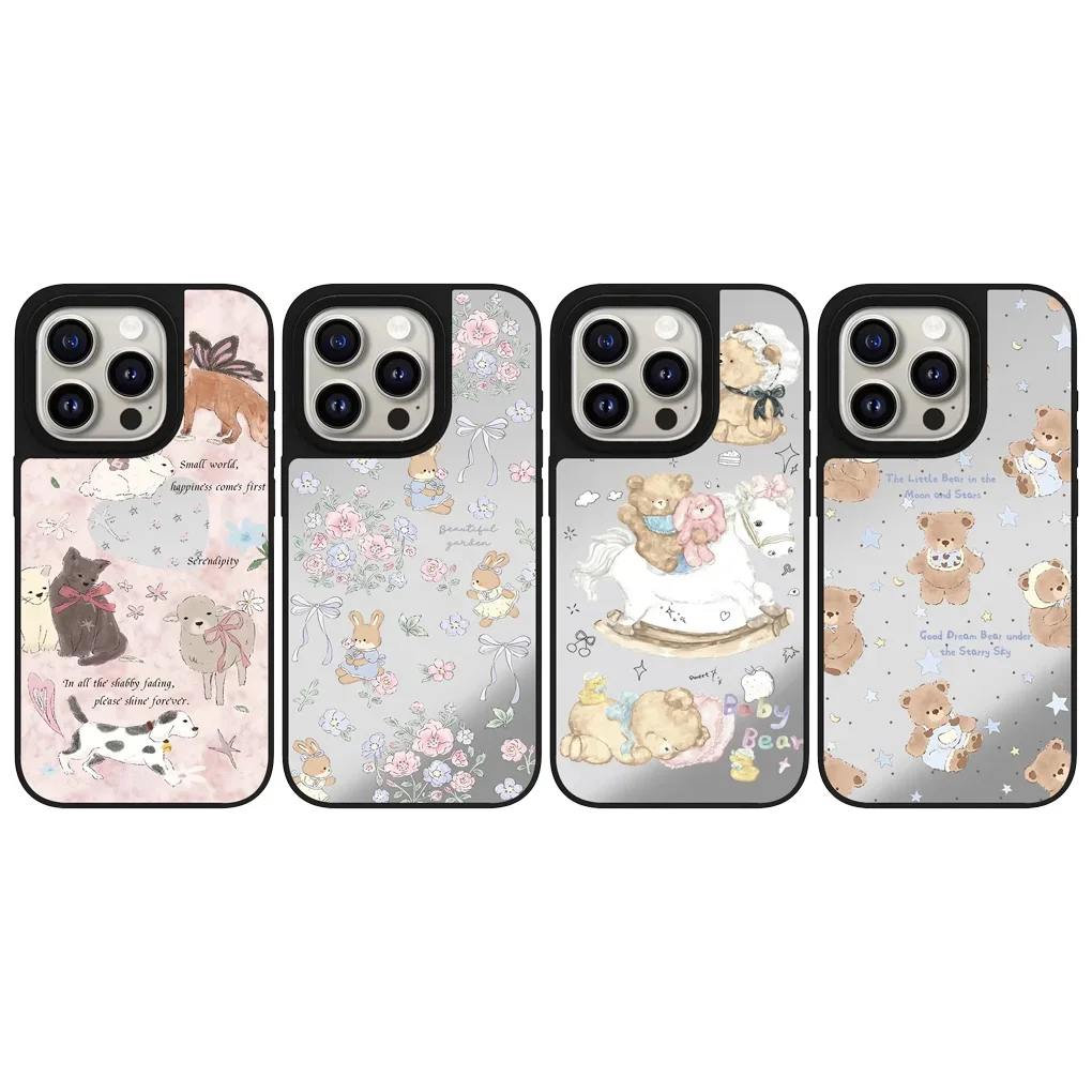 

Cartoon Bear Mirror Surface iPhone 12 13 14 15 16 Pro Max Protective Case, Fits iPhone 16 Pro Max