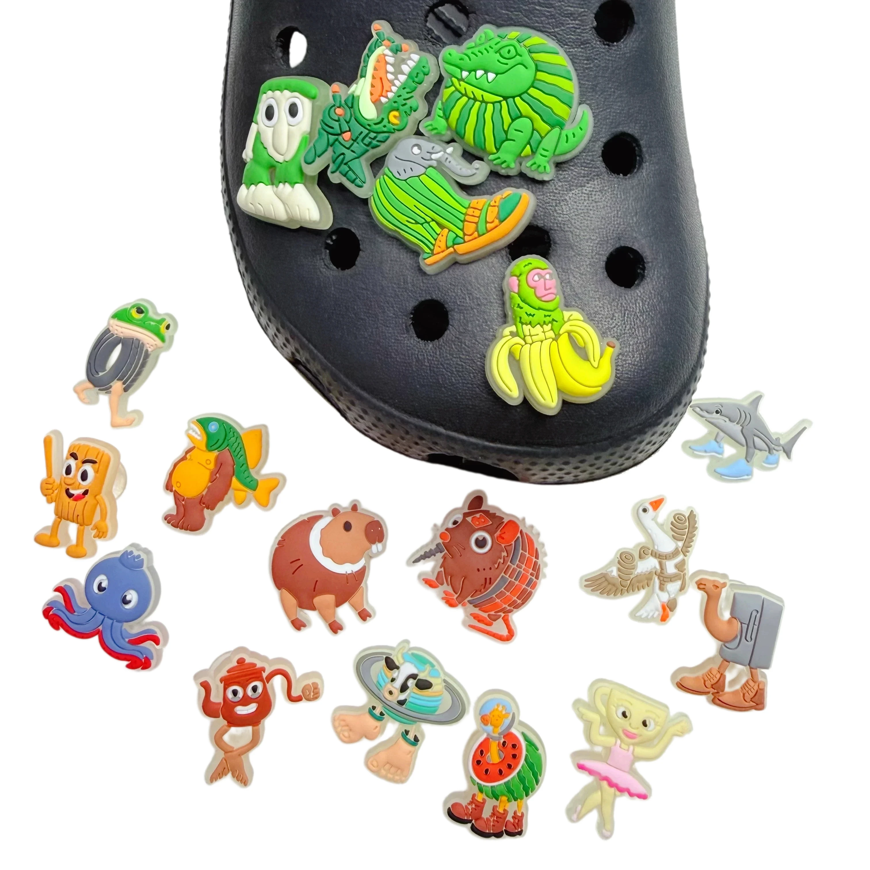6-100Pcs Unique Animals PVC Garden Shoe Charms Shark Frog Glow In The Dark Shoe Buckle Decorations DIY Cool Backpack