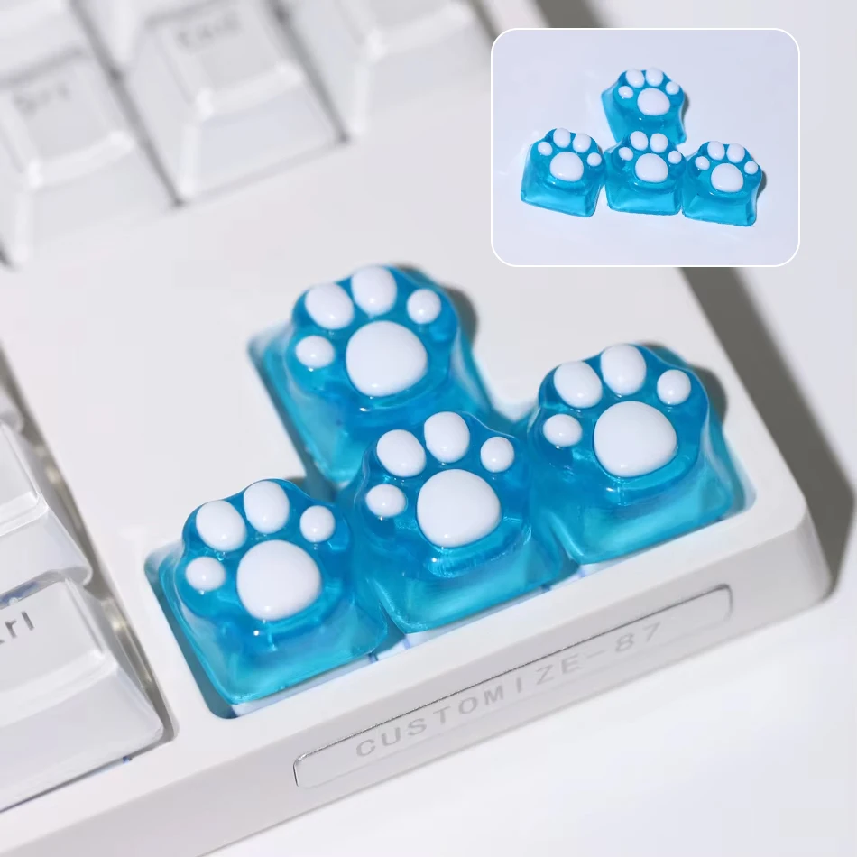 Capuchon de touche translucide en forme de patte de chat, bleu et blanc, en résine, pour clavier mécanique, cadeau fait main, capuchon de touche transparent pour jeux