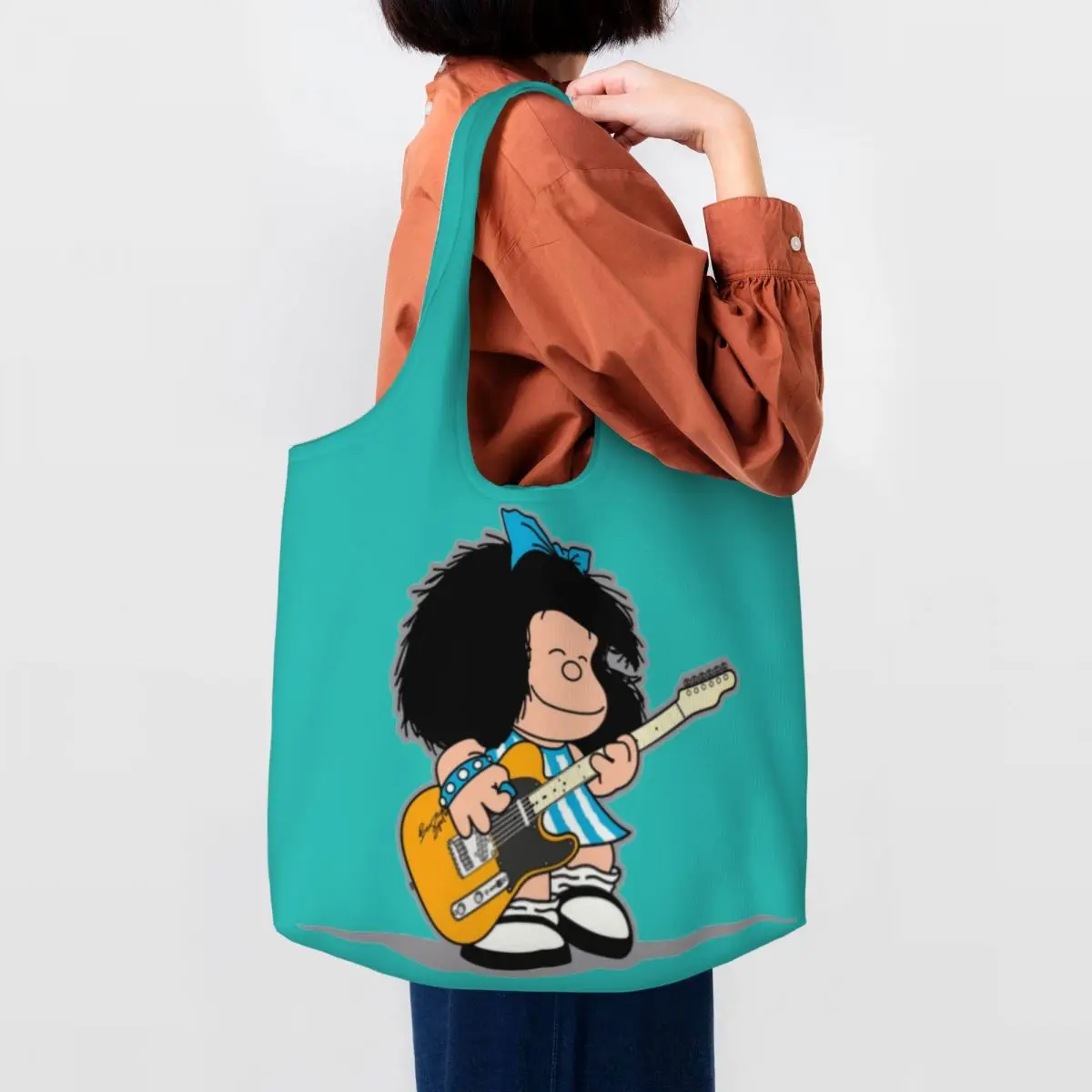 Custom Print Mafalda Playing Her Guitar Tote Shopping Bags Reusable Canvas Shopper Shoulder Quino Kawaii Cartoon Bags Handbag