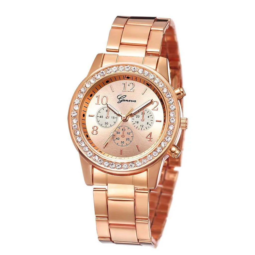 5PCS Set Rose Gold Luxury Watch Women Ring Necklace Earring Rhinestone Fashion Wristwatchistwatch Casual Ladies Bracelet Watches