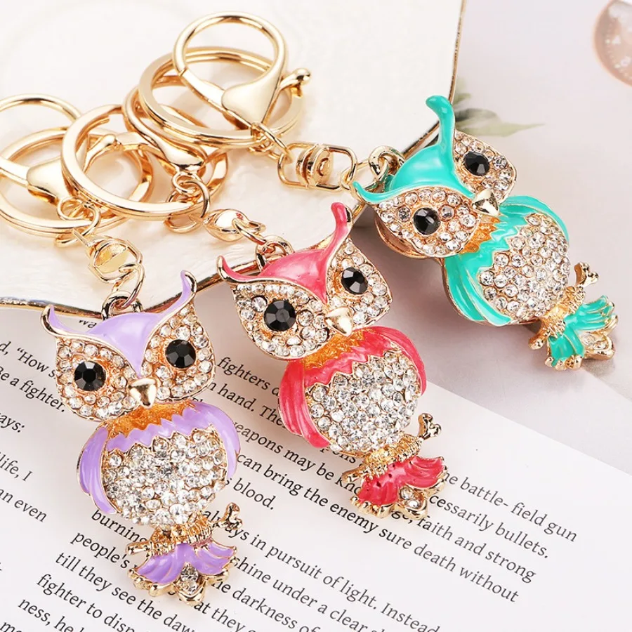 

European and American style cross-border hot sale, rhinestones, owls, keyrings, alloy colored diamonds, animal pendants, girls