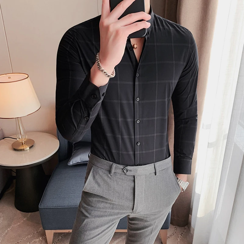 

Autumn New Men's Plaid Shirt Long Sleeve Advanced No Iron Slim Fit Business Elegant Business Trendy Clothing