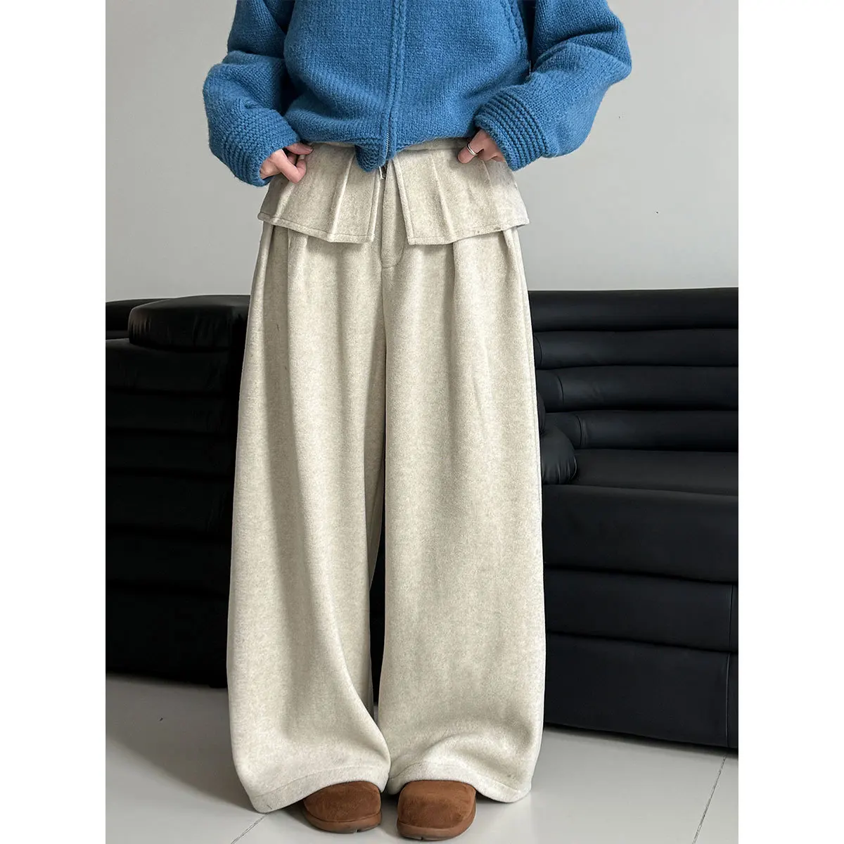 Korean Style Thickened Woolen Wide-Leg For Women Winter Design Sense Warm Casual Long Pants