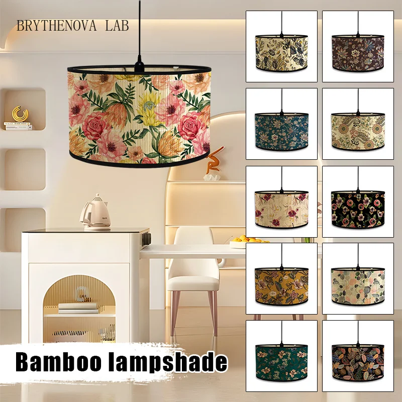 Handmade Bamboo Lamp Shade Retro American Flower Print Warm Lampshade House Decoration Chandelier Lampshade Lighting Crafts