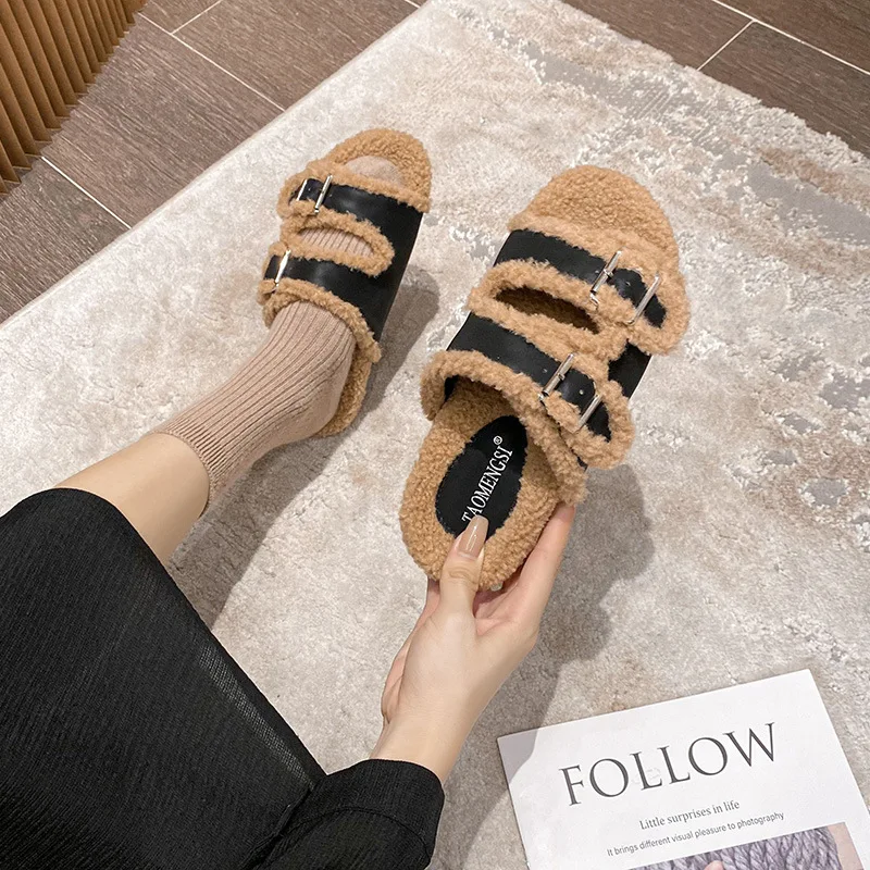 

Women Fluffy Faux Fur Slide Sandals with Buckle Winter Warm Platform Slippers Outdoor