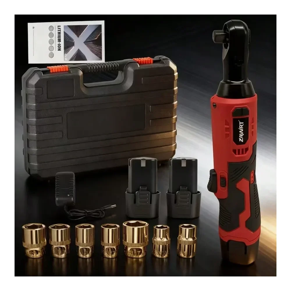

Portable Cordless Electric Ratchet Wrench Set, 45NM High Torque 3 8 Ratchet With Right Angle, Includes Tool Storage Case Two Re