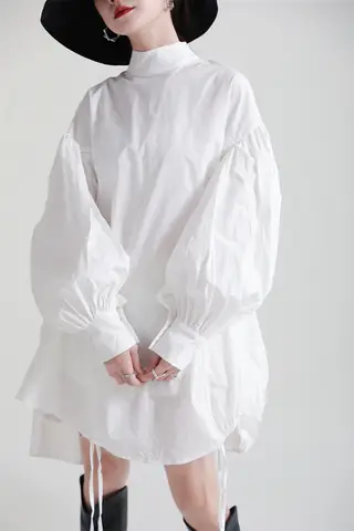 2025 여성 불규칙 드로스트링 큰 사이즈 흰색 블라우스 신상 스탠드 칼라 긴팔 셔츠 패션 트렌드 봄 가을