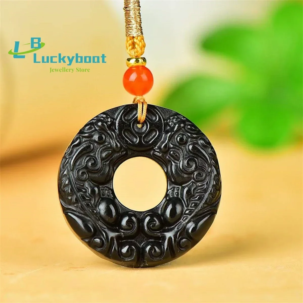 Natural Gold Silk Black Jade Beast Ring Double Sided Pendant Simple and Generous Personalized Versatile for Men and Women