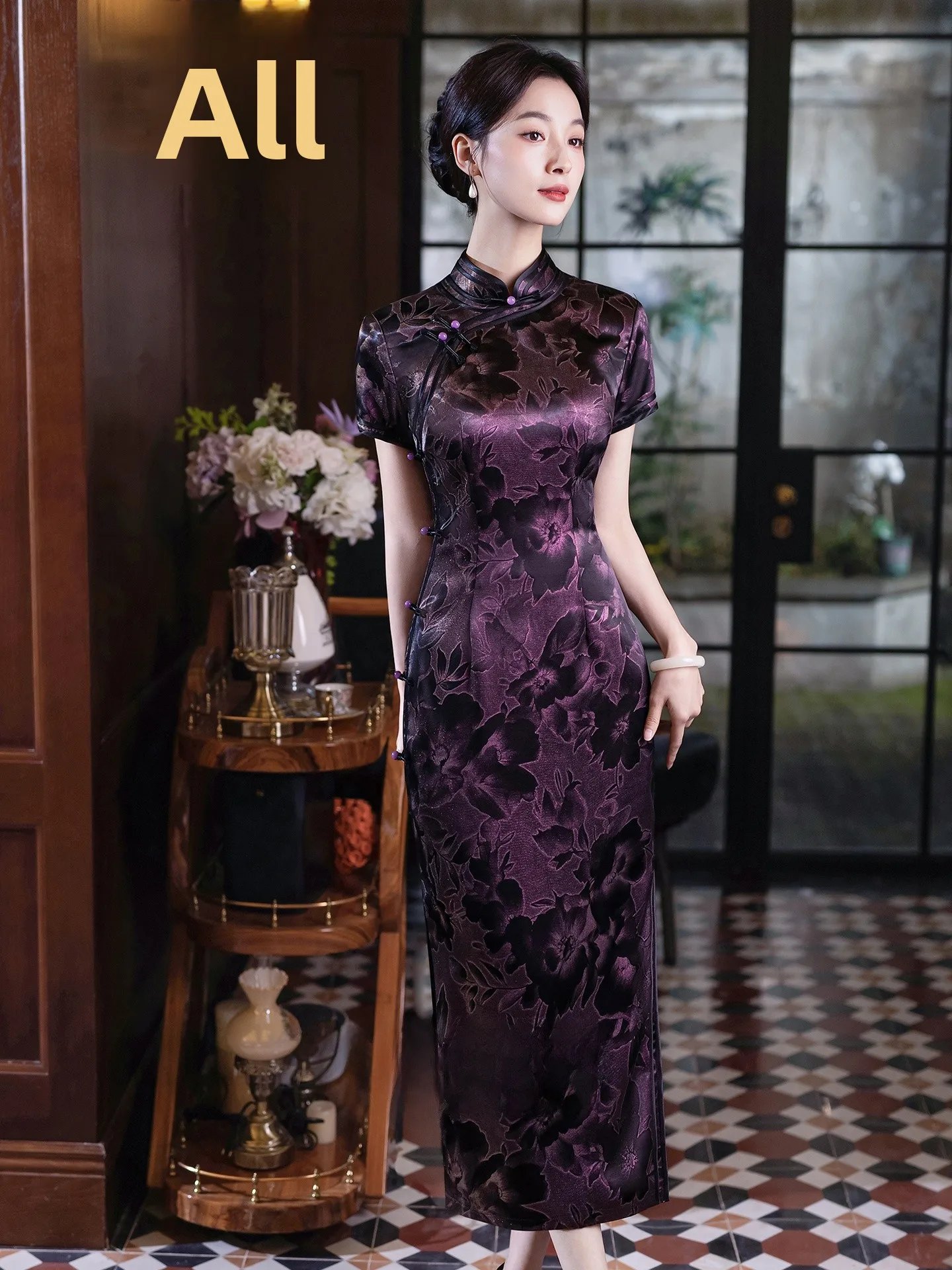 

Purple Mom Women's Retro Chinese Sle Daily Wear High End Ele Mid-Length ort Sve Floral Print