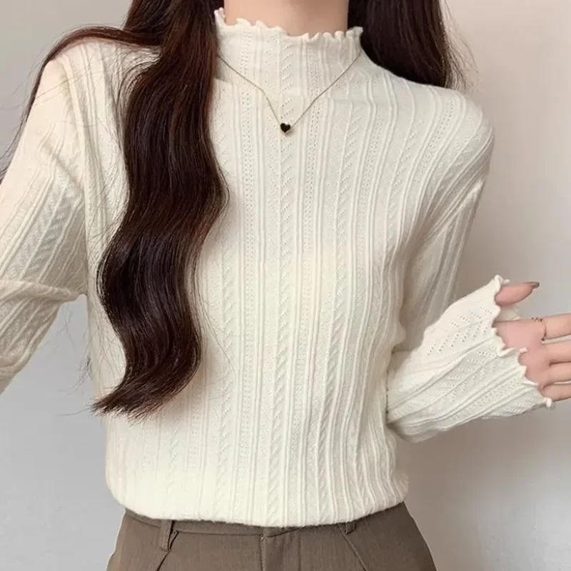 Temperament Black Fungus Edge Women's Base Shirt, Autumn and Winter Sweater, Half High Collar, Inner Knit Sweater