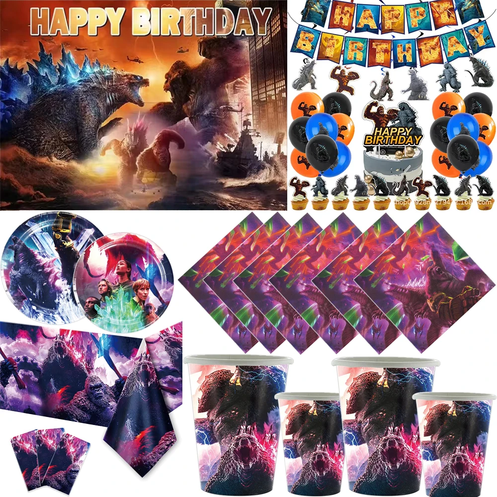 Godzillaed Monster King Thema Geburtstag Party Dekoration Geschirr Set Hintergrund Teller Banner Luftballons für Babyparty Kindergeschenke