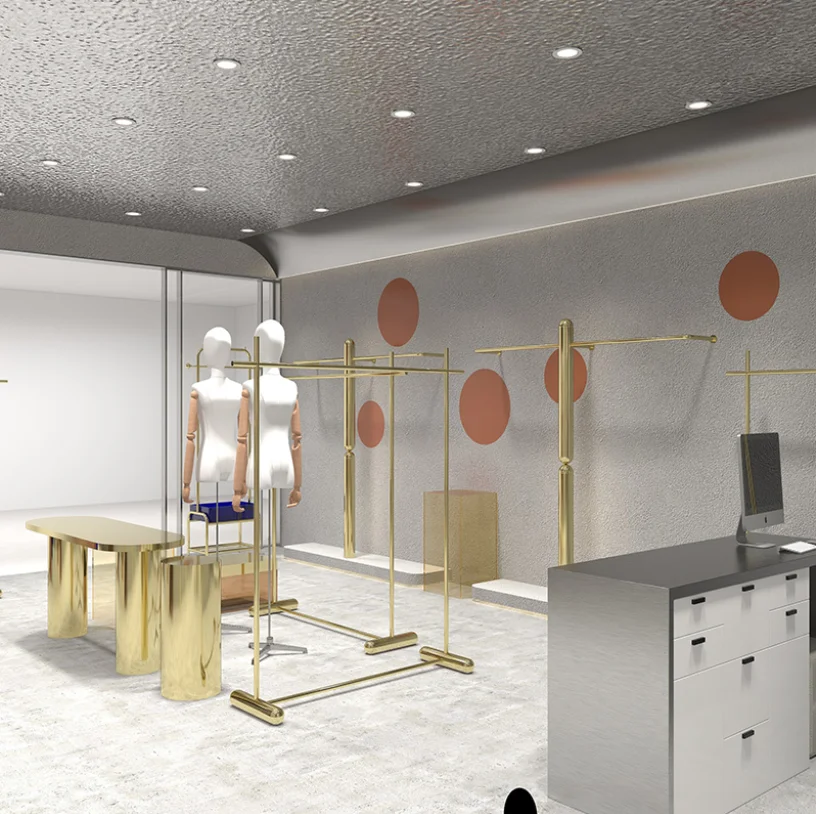 

High end clothing store display shelf Stainless steel gold men's and women's clothing store special shelf hanger