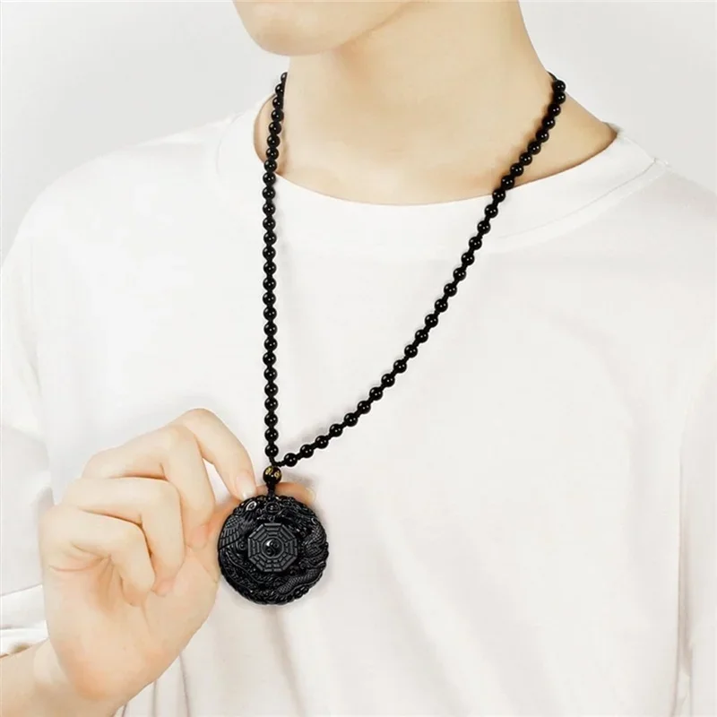 Naturalny czarny obsydian Smok Feniks Wisiorek Koraliki Naszyjnik Moda Urok Biżuteria Ręcznie rzeźbione Amulet Prezenty dla Niej Kobiety Mężczyźni — zdjęcie 7