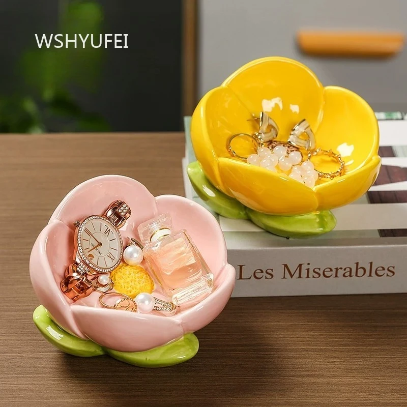 Ceramic Flower Storage Tray Door Shoe Cabinet Decoration Key Storage Tray Underglaze Color Decoration Household Ornaments