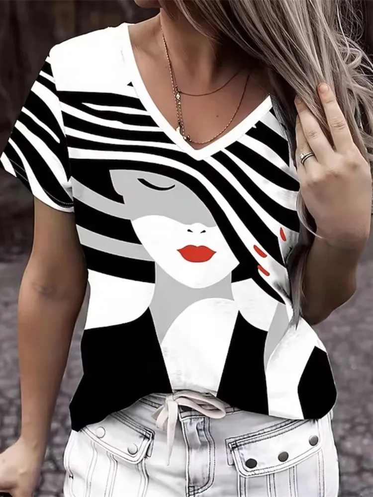 

Fashion Street Cartoon Ladies V-Neck T-shirt Summer Casual Short Sleeve Tops 3D Character Printed Plus Size Women's Clothing 8XL