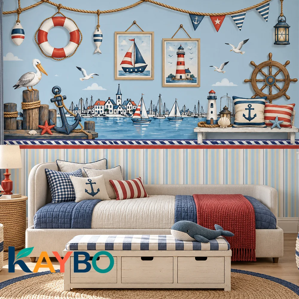 Nautical Wall Mural Vintage Sailboats Lighthouse Harbor Scene Wallpaper for Kids Bedroom Nursery Coastal Decor Non Self Adhesive