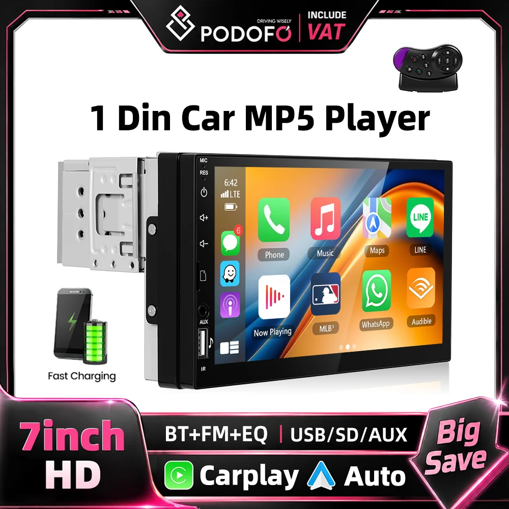 Podofo 7 Zoll Single Din Universal Auto MP5 Player Wireless Carplay Android Auto Mirror Link HD 1024*600 Touchscreen EQ USB BT FM Radio Multimedia Player unterstützt Rückfahrkamera DVR