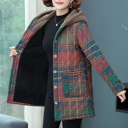 Cappotto di cotone caldo spesso da donna di mezza età nuovo Cappotto lungo imbottito autunno inverno Griglia femminile Cappotto Parker con cappuccio casual