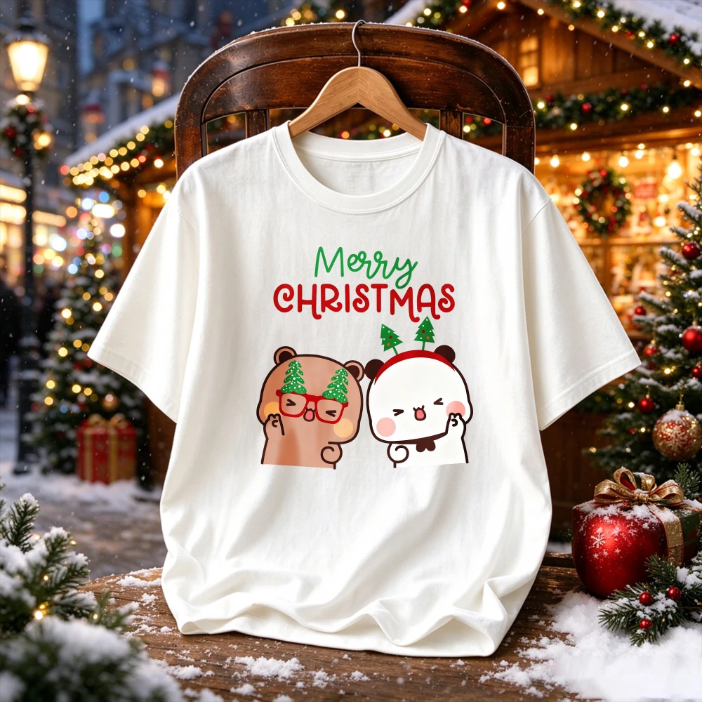 BUBU DUDU Merry Christmas Cute Cartoon Couple Graphic T Shirt Kawaii Bear Panda Xmas Tree Headband Print Holiday Casual Tee Tops