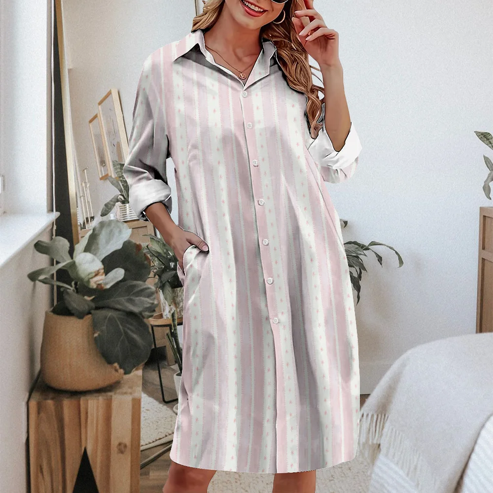 Women's Summer Simple Casual Generous Dress Vertical Stripes Color Mid-length Skirt Lapel Shirt Dress Comfortable Latest Style