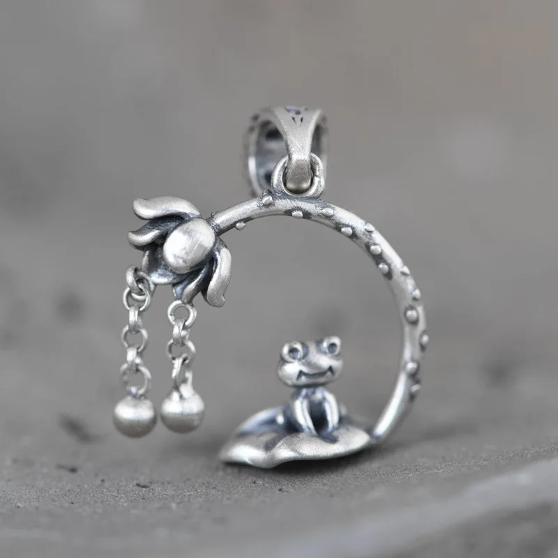 BOCAI New S925 Sterling Silver Jewelry Vintage Art Lotus Flower Cute Frog Pendant Women's Selected Gift