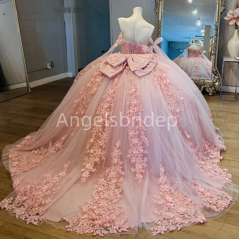 Angelsbride Glitter Pink Quinnceanera Dress Ball Gown Floral Applique Beaded Crystal Bow Corset Sweet 16 Vestidos De 15 Anos