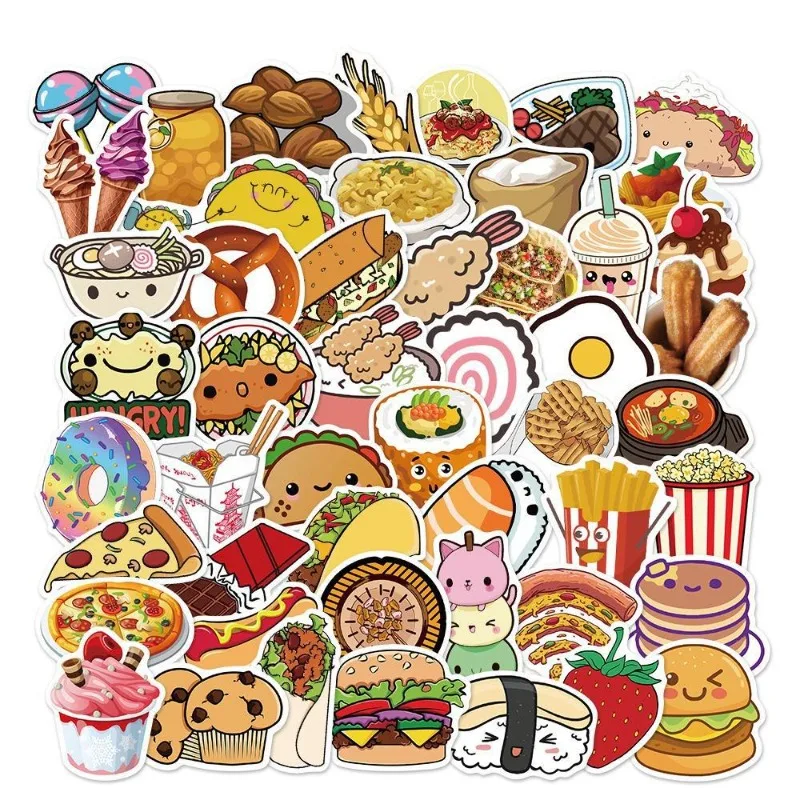 50Pcs Cute Food Stickers Burger Fries Gourmet Stickers Waterproof Stickers for Luggage Laptop Decoration Journal
